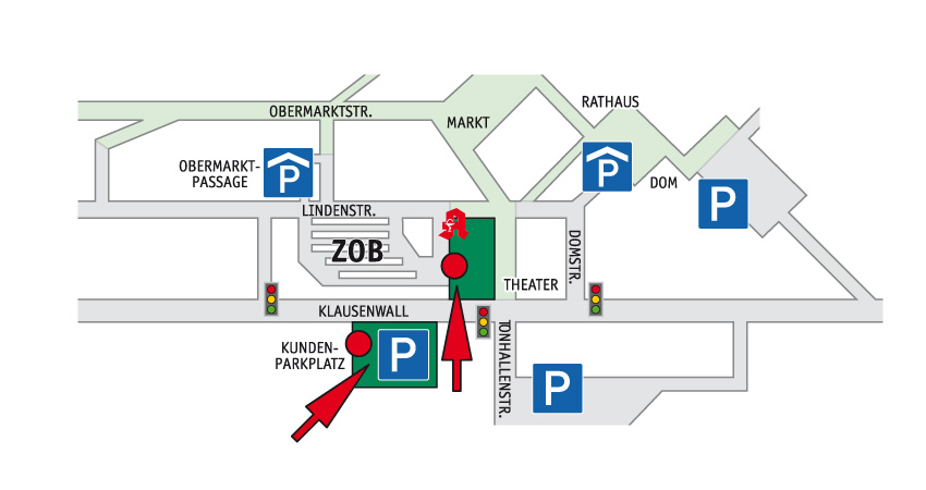 Stadtplan mit roten Pfeilen und blauen P Symbolen zu Parkplaetzen
